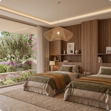 Dormitorio de una vivienda de obra nueva con salida al jardín