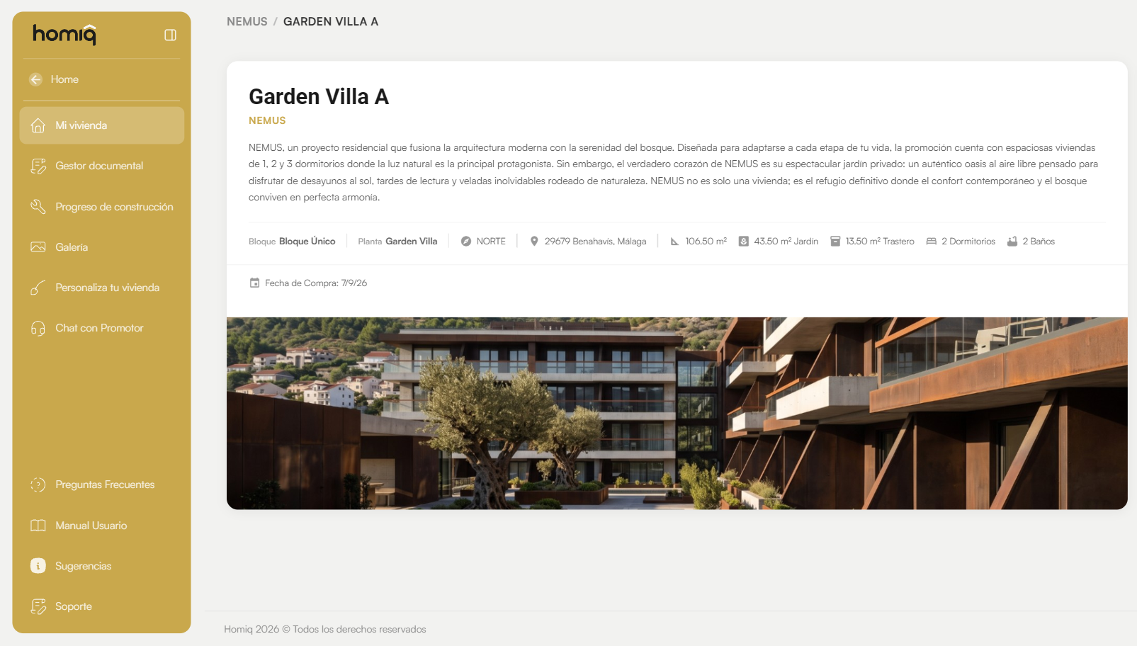 Portal del cliente: ficha de la vivienda del comprador con sus datos y una imagen de la promoción