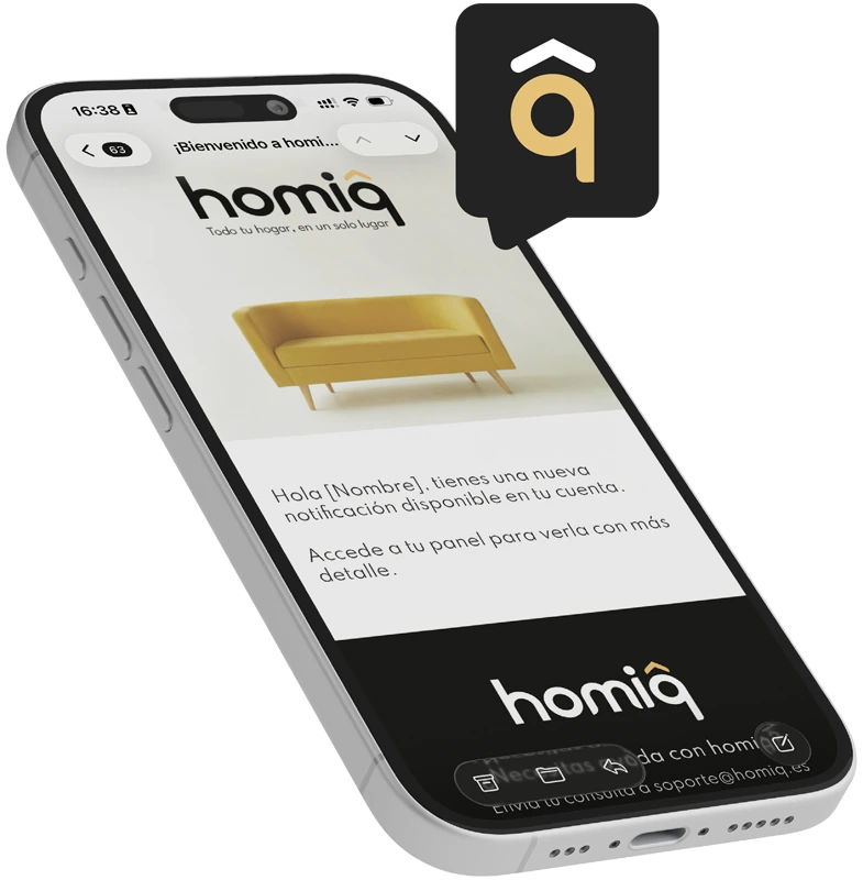Móvil con un correo de Homiq que avisa de una nueva notificación en la cuenta, junto al icono de la aplicación