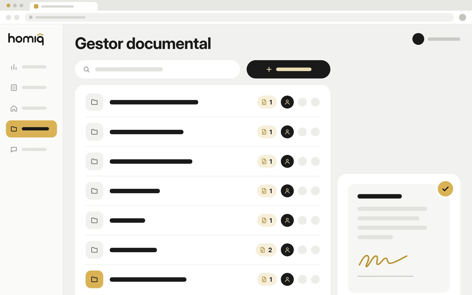 Representación esquemática del gestor documental con carpetas y un documento firmado