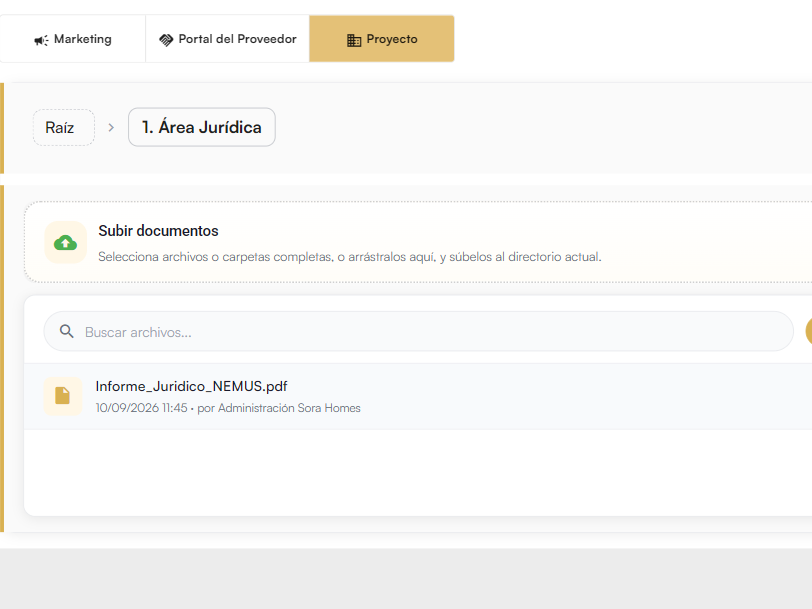 Gestor documental de una promoción con carpetas, subida de documentos y un informe en PDF