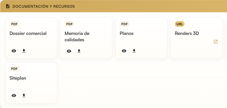 Documentación y recursos del portal de agencias: dossier comercial, memoria de calidades, planos y renders