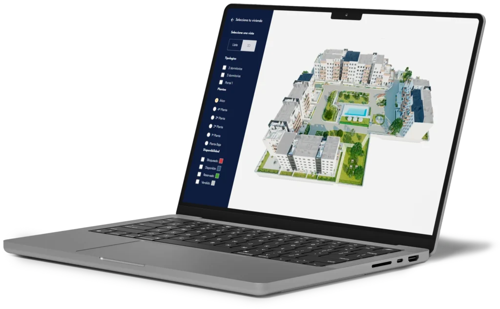 Portátil con el visor 3D de una promoción: el edificio visto desde arriba y, a la izquierda, los filtros por tipología, planta y disponibilidad