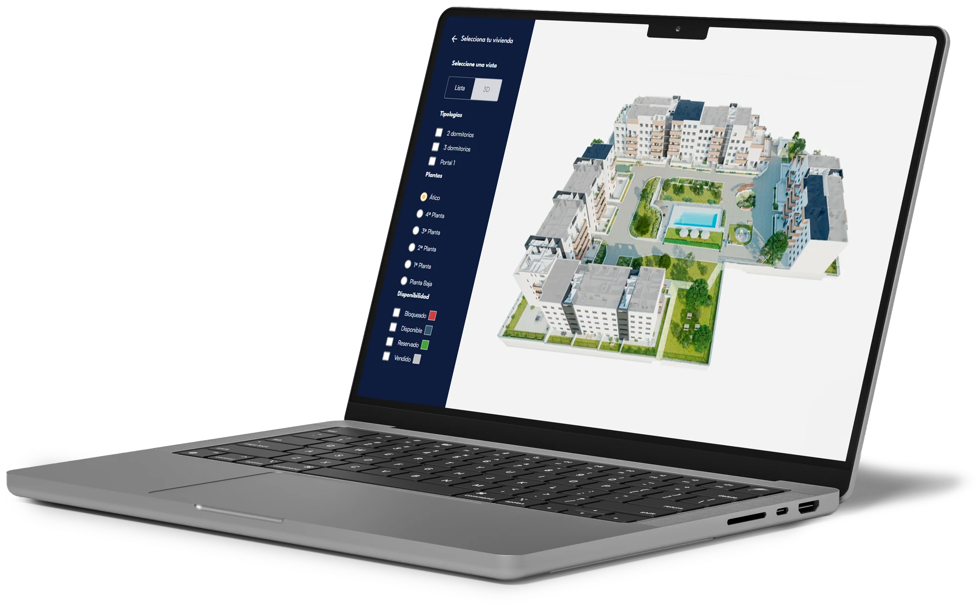 Portátil con el visor 3D de una promoción: el edificio visto desde arriba y, a la izquierda, los filtros por tipología, planta y disponibilidad