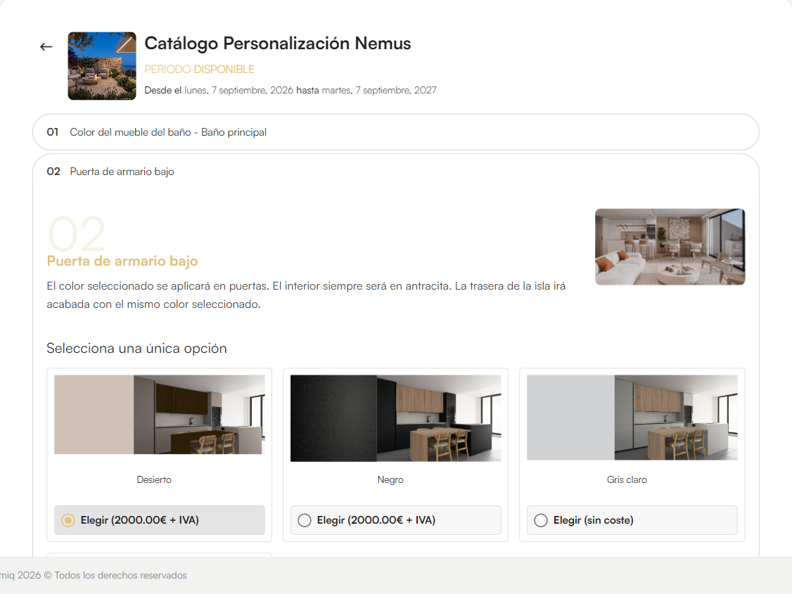 Catálogo de personalización de una vivienda con sus apartados y opciones